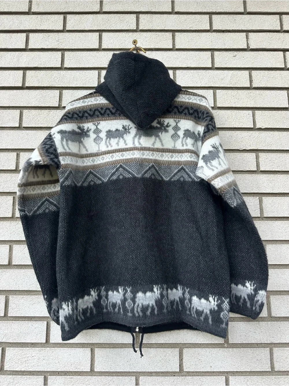 Artesanias Tuntaquimba M Wool Moose Fair Isle Hooded Zip Sweater Ecuador